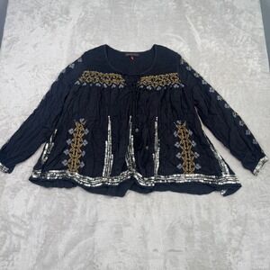 Kate Moss Topshop Women 6 Black‎ Embroidered Sequin Tunic Top Boho Festival